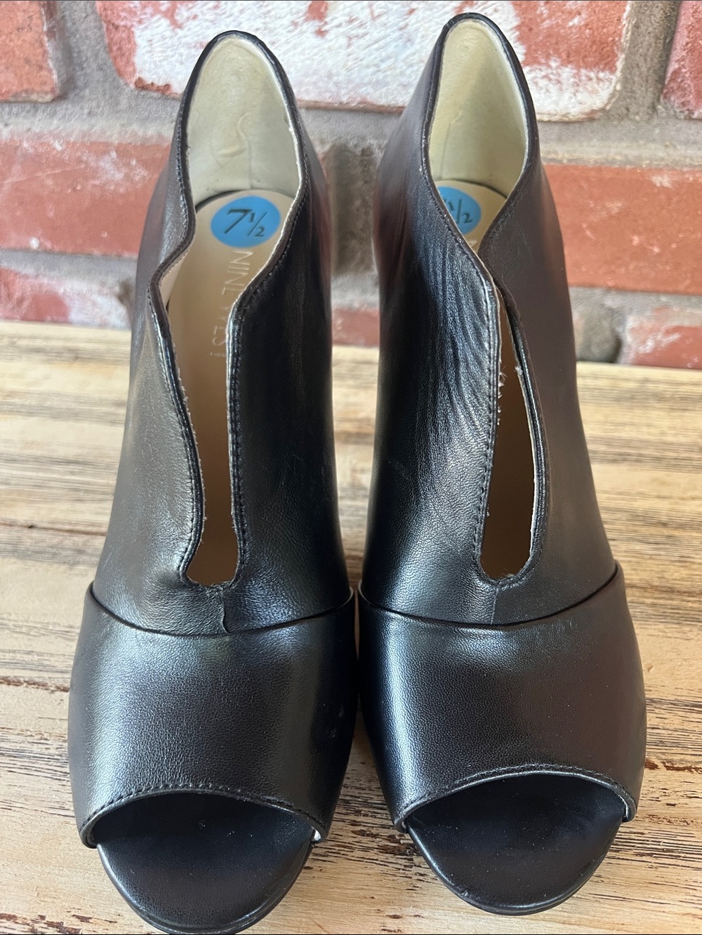 Nine West Black Leather Peep-Toe Heeled Booties